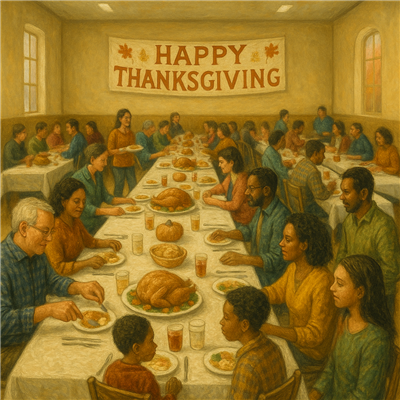 A community enjoying a Thanksgiving meal
